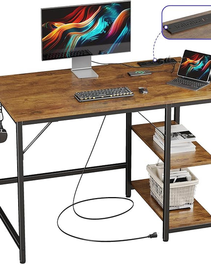 JOISCOPE 40 x 24 Inch Small Gaming Computer Desk with Table Power Outlets,Home Office Small Desk with Storage Shelves and USB & Type-C Outlet,Morden Simple Writing Table,Vintage Oak Finish - LeafyLoom