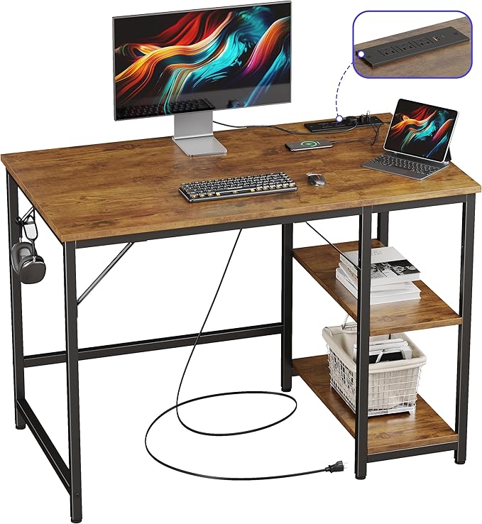 JOISCOPE 40 x 24 Inch Small Gaming Computer Desk with Table Power Outlets,Home Office Small Desk with Storage Shelves and USB & Type-C Outlet,Morden Simple Writing Table,Vintage Oak Finish - LeafyLoom