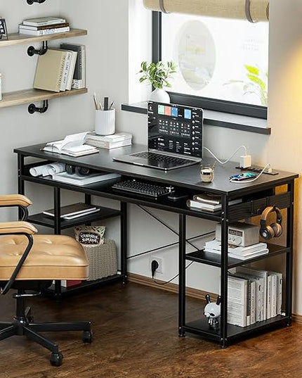 AODK 48 Inch Small Computer Desk with Power Outlets & Type-C, Writing Desk with Storage Shelves Headphone Hook, Student Laptop PC Desks for Small Spaces Home Office, Black - LeafyLoom