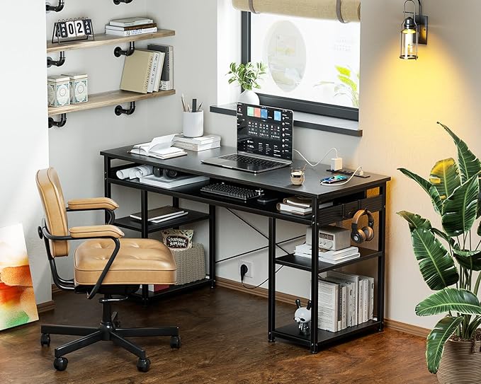 AODK 48 Inch Small Computer Desk with Power Outlets & Type-C, Writing Desk with Storage Shelves Headphone Hook, Student Laptop PC Desks for Small Spaces Home Office, Black - LeafyLoom