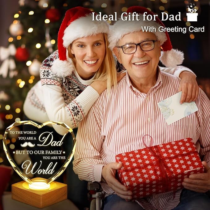 Birthday Gift To My Dad, 3D Heart Shape Crystal Plaque, Engraved Night Light Lamp Presents for Dad, Best Dad Ever, 3D LED BOX Birthday Thank You Gifts with 100% Solid Wooden Base Greeting Card - LeafyLoom