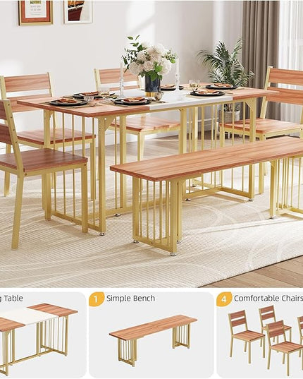 DWVO 6-Piece Dining Table Set for 6-8 People, 63" Kitchen Table Set with a Bench and 4 Chairs, Modern Rectangular Dining Room Table Set for Kitchen, Dining Room - LeafyLoom