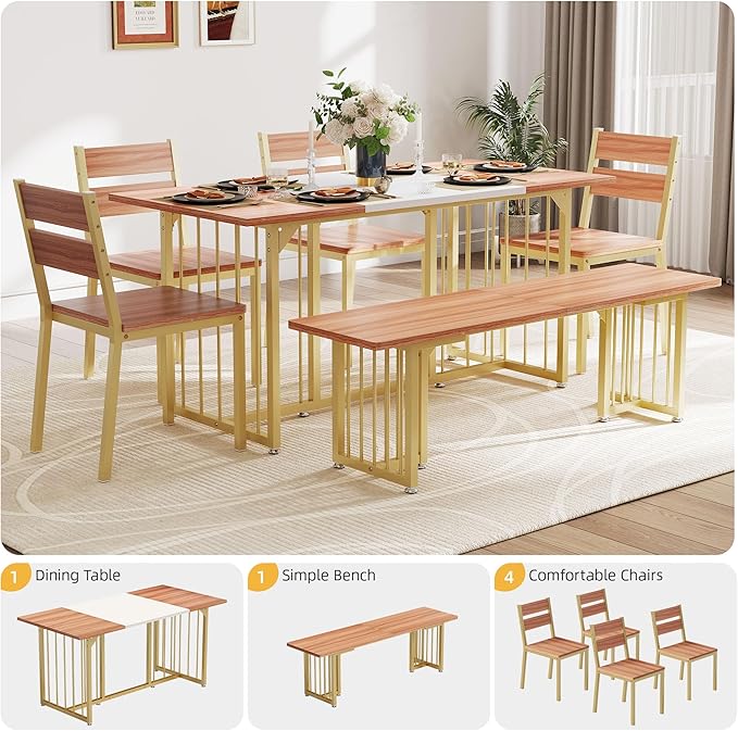 DWVO 6-Piece Dining Table Set for 6-8 People, 63" Kitchen Table Set with a Bench and 4 Chairs, Modern Rectangular Dining Room Table Set for Kitchen, Dining Room - LeafyLoom