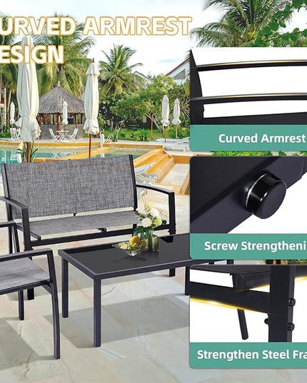 4 Pieces Patio Furniture Set Outdoor Garden Patio Conversation Sets Poolside Lawn Chairs with Tempered Glass Coffee Table Loveseat Porch Furniture Textilene Fabric Grey - LeafyLoom