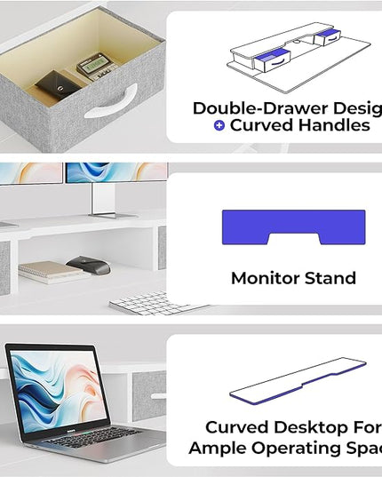 JOISCOPE 55 Inch Electric Standing Adjustable Height Desk with Double Drawer, Home Office Computer Gaming Desk with Storage Shelf and Power Outlets, Sit Stand Desk, White - LeafyLoom