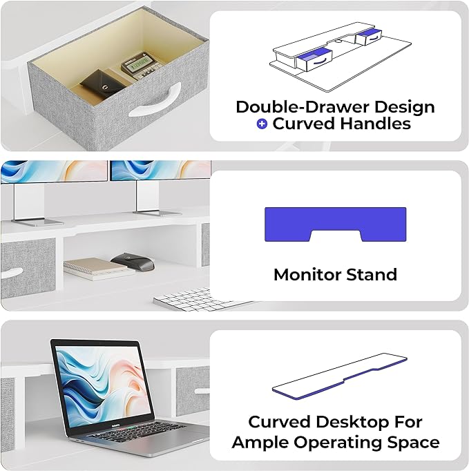 JOISCOPE 48 Inch Electric Standing Adjustable Height Desk with Double Drawer, Home Office Computer Gaming Desk with Storage Shelf and Power Outlets, Sit Stand Desk, White - LeafyLoom