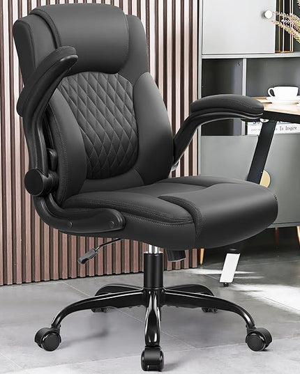Leather Office Chair, PU Home Computer Desk Chairs with Ergonomic Back Support, 360°Swivel Free，Small Gmaing Chair with Wheels and Adjustable Armrests, for Short People Use, Black - LeafyLoom