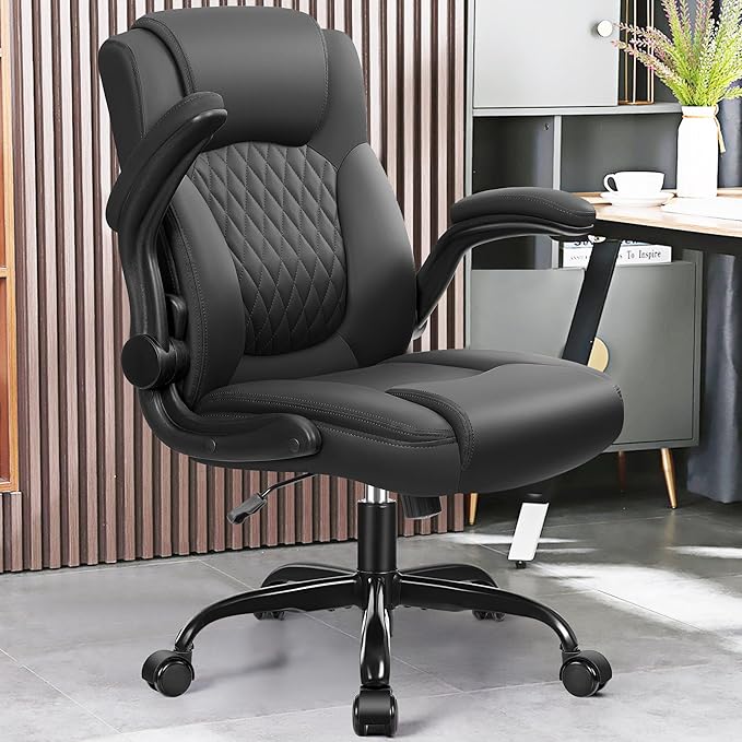 Leather Office Chair, PU Home Computer Desk Chairs with Ergonomic Back Support, 360°Swivel Free，Small Gmaing Chair with Wheels and Adjustable Armrests, for Short People Use, Black - LeafyLoom