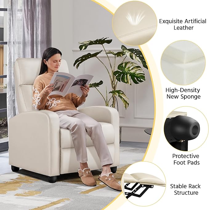 Yaheetech Recliner Chair PU Leather Recliner Sofa Home Theater Seating Adjustable Modern Single Reclining Chair Sofa with Pocket Spring Living Room Bedroom Beige - LeafyLoom