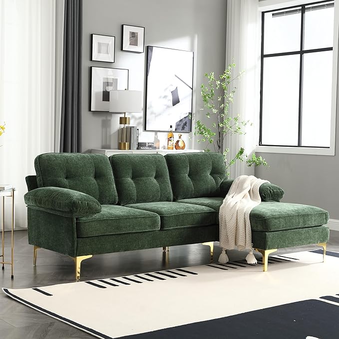 L Shaped Convertible Sleeper Sectional Sofa with Reversible Chaise, 3 Seater Corner Couch Bed with Detachable Pillow Armrest and Golden Metal Legs for Living Room Apartment Small Space - LeafyLoom