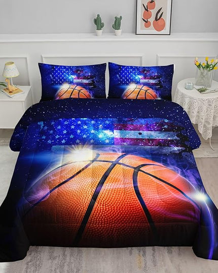 Datura home Kids Comforter Set Basketball Printed Pattern Bedding Set with 1 Comforter and 2 Pillowcases for Girls Boys Bedroom All Season(Basketball Twin) - LeafyLoom