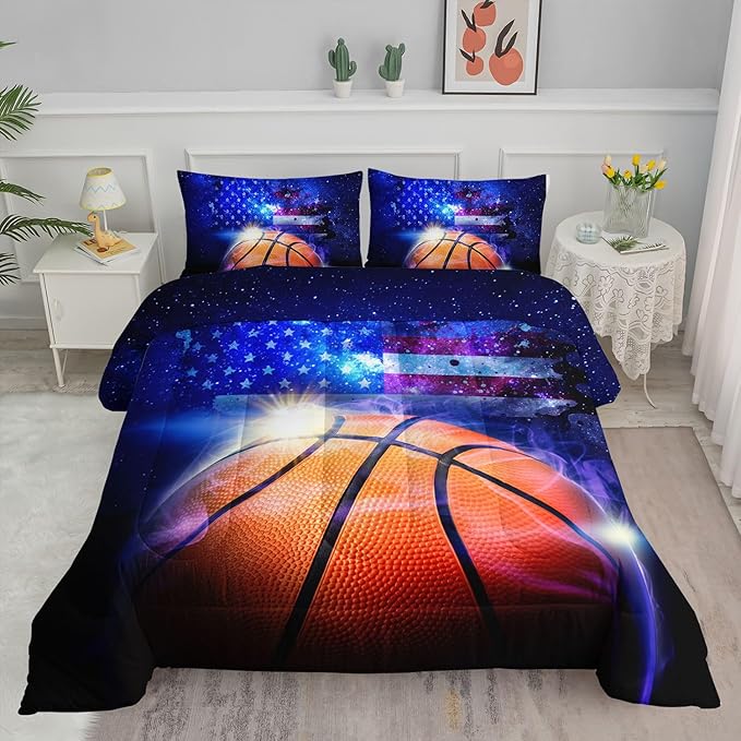 Datura home Kids Comforter Set Basketball Printed Pattern Bedding Set with 1 Comforter and 2 Pillowcases for Girls Boys Bedroom All Season(Basketball Twin) - LeafyLoom