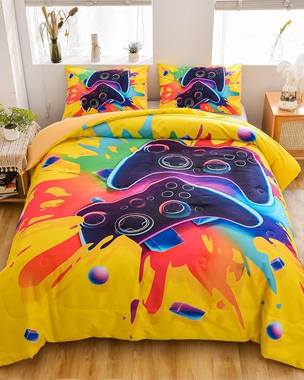 Aimuan Gamer Gaming Bedding Sets 3D Gamepad Comforter Sets for Boys Games Console Action Buttons Novelty Colorful Game Controller Modern Room Decor Home Quilt Set (Full, Yellow) - LeafyLoom