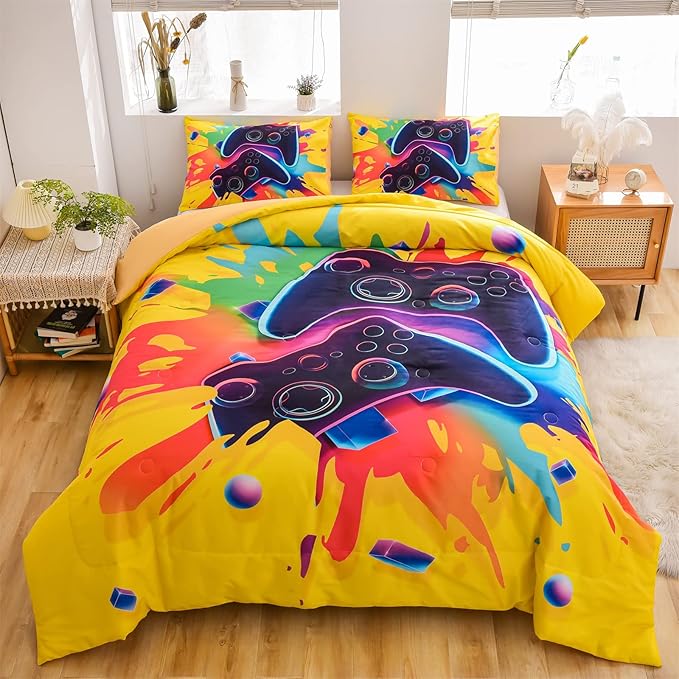Aimuan Gamer Gaming Bedding Sets 3D Gamepad Comforter Sets for Boys Games Console Action Buttons Novelty Colorful Game Controller Modern Room Decor Home Quilt Set (Full, Yellow) - LeafyLoom