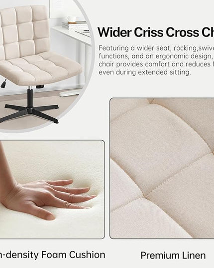 Furniliving Linen Office Desk Chair No Wheels, Armless Swivel Home Office Chair Height Adjustable Wide Office Chair for Bedroom, Modern Mid Back Accent Chair Computer Task Chair, Beige - LeafyLoom