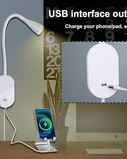 QinYing Reading Lights for Books in Bed, Wall Mounted Book Light for Reading in Bed, USB Charging 5 Dimming Levels Headboard Reading Lamp, Touch Control LED Flexible Gooseneck 4000k Bed Lights, White - LeafyLoom