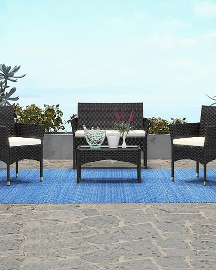 Patio Furniture, 4 Piece Conversation Set, Outdoor Wicker Rattan Table and Chairs, Sectional Sofa with Thick Cushion for Garden, Yard, or Porch, Dark Black - LeafyLoom
