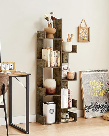 VECELO Tree Bookshelf, Geometric 8 Shelf Tree Bookcase Wood Bookshelves Display,Tree-Shaped Shelf Racks Organizer for Books,Magazines,CDs and Decors for LivingRoom Bedroom Studyroom Home Office,Brown - LeafyLoom