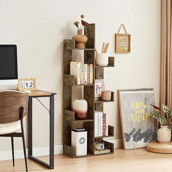 VECELO Tree Bookshelf, Geometric 8 Shelf Tree Bookcase Wood Bookshelves Display,Tree-Shaped Shelf Racks Organizer for Books,Magazines,CDs and Decors for LivingRoom Bedroom Studyroom Home Office,Brown - LeafyLoom