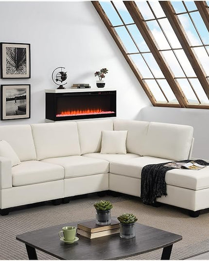 90" Modular Sectional Sofa with Convertible Ottoman, 5 Seats L-Shape Reversible Solid Corner Sofa with 2 Pillows, Linen Modern Sleeper Couch for Living Room, Apartment, Office (Cream White) - LeafyLoom