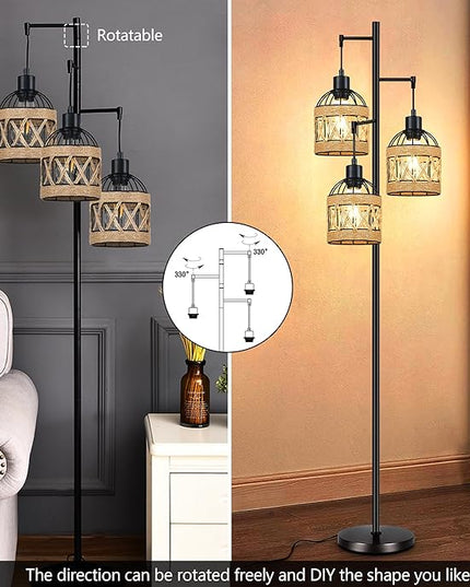 Tree Floor Lamp Rattan for Living Room,Bedroom,3-Lights Boho Floor Lamps,Farmhouse Industrial Black Standing Lamp Wicker Tall Lamp,Woven Bamboo Lamp Shade Floor Light Bohemian - LeafyLoom
