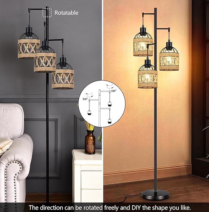 Tree Floor Lamp Rattan for Living Room,Bedroom,3-Lights Boho Floor Lamps,Farmhouse Industrial Black Standing Lamp Wicker Tall Lamp,Woven Bamboo Lamp Shade Floor Light Bohemian - LeafyLoom