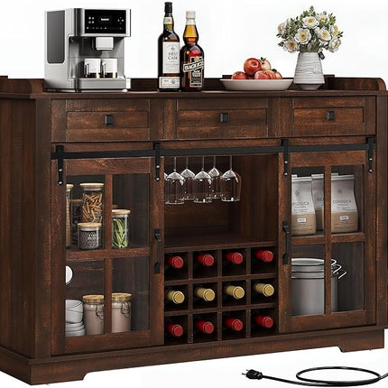 DWVO Farmhouse Coffee Bar Cabinet with Sliding Door and Drawers, 53" Kitchen Sideboard Buffet Cabinet, Home Bar Cabinet with Wine Rack for Kitchen Living Room, 3 Drawers Storage Cabinet, Brown Oak - LeafyLoom