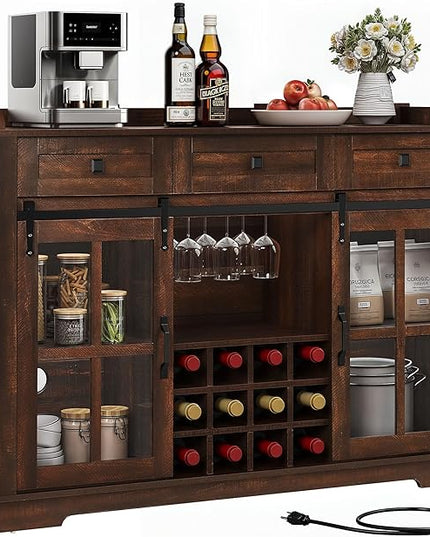 DWVO Farmhouse Coffee Bar Cabinet with Sliding Door and Drawers, 53" Kitchen Sideboard Buffet Cabinet, Home Bar Cabinet with Wine Rack for Kitchen Living Room, 3 Drawers Storage Cabinet, Brown Oak - LeafyLoom