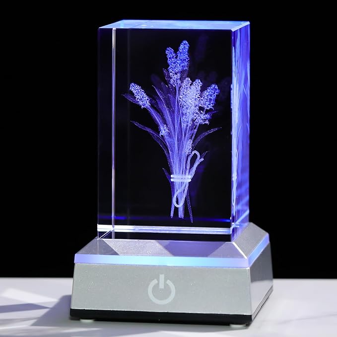 3D Crystal Lavender Gifts For Women - Lavender Flowers with Colorful Light Base Laser Engraved - Fake Flower Lavender Figurines Room Party Classroom Nature Decor Lavendar Statue Decorative Birthday De - LeafyLoom