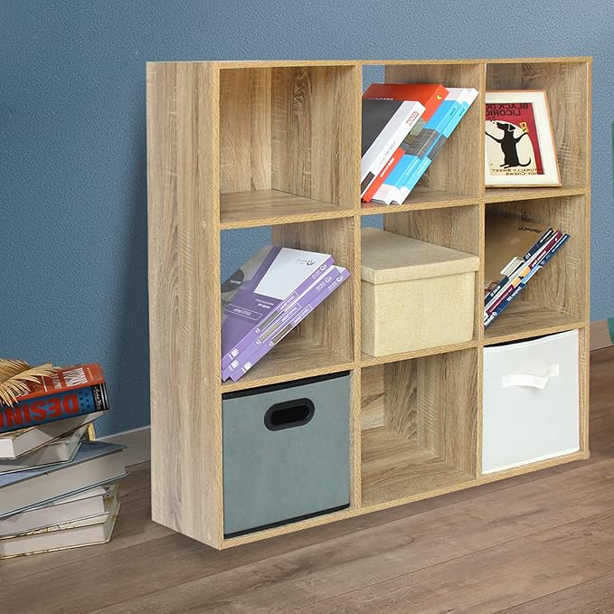 PACHIRA US 9 Cube Storage Bookcase, Unit Shelf, Wooden Closet Cabinet, Bookshelf File Organizer Rack in Living Room, Bedroom, Study, each cube 28.5 cm,Oak - LeafyLoom