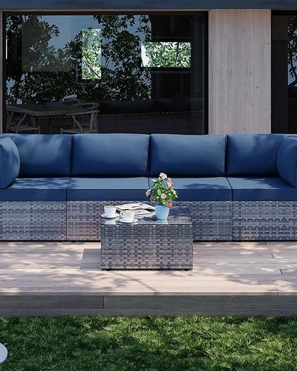 Shintenchi 5 Pieces Outdoor Patio Sectional Sofa Couch, Silver Gray PE Wicker Furniture Conversation Sets with Washable Cushions & Glass Coffee Table for Garden, Poolside, Backyard (Aegean Blue) - LeafyLoom