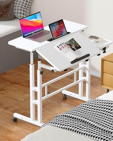 SDHYL 31.5 inches Movable Laptop Desk with Mouse Board Adjustable Height and Angle Anti-Slip Workstation Home Office Desk with Tablet Slot Portable Student Desk, White - LeafyLoom