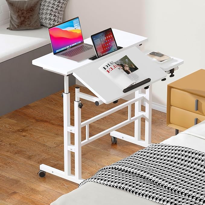 SDHYL 31.5 inches Movable Laptop Desk with Mouse Board Adjustable Height and Angle Anti-Slip Workstation Home Office Desk with Tablet Slot Portable Student Desk, White - LeafyLoom