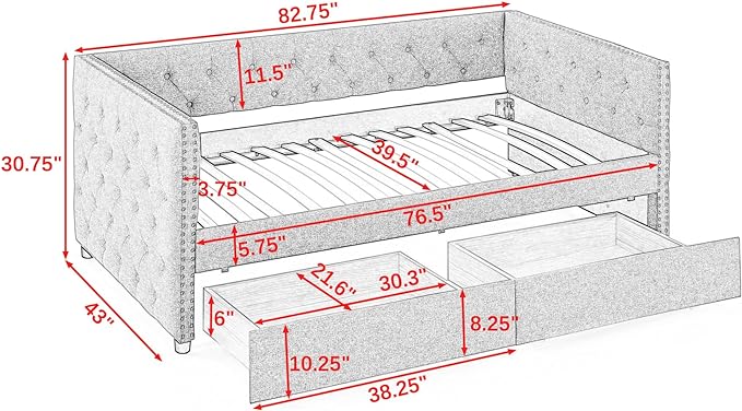 RITSU Twin Size Upholstered Daybed, Pull Out with Two Storage Drawers, Solid Wood Frame Sofa Bed, Tufted Buttons and Copper Nails On Square Arms, for Bedrooms, Apartments, 82.75, Grey-1 - LeafyLoom