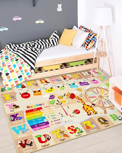 Chicrug Educational Kid Area Rug for Playroom, 4x6 Feet TPR Non Slip Kids Classroom Carpet Rug for Learning ABC Animal, Shape Color Fruit, Washable Play Mat Rug for Children Nursery Toddler Room Decor - LeafyLoom