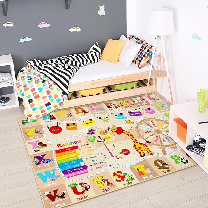 Chicrug Educational Kid Area Rug for Playroom, 4x6 Feet TPR Non Slip Kids Classroom Carpet Rug for Learning ABC Animal, Shape Color Fruit, Washable Play Mat Rug for Children Nursery Toddler Room Decor - LeafyLoom