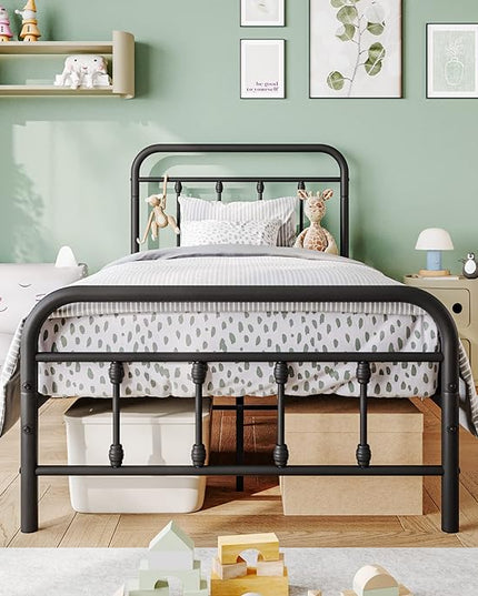 Vintage Twin Size Bed Frame with Headboard and Footboard Mattress Heavy Duty Metal Platform, Steel Slat Support (Twin, Black Sanded) - LeafyLoom