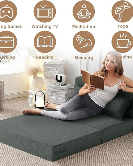 Convertible Folding Sofa Bed - Sleeper Chair with Pillow, Modern Linen Fabric Floor & Futon Couch, Foldable Mattress for Living Room/Dorm/Guest/Home Office/Apartment, Standard Size, Dark Gray - LeafyLoom