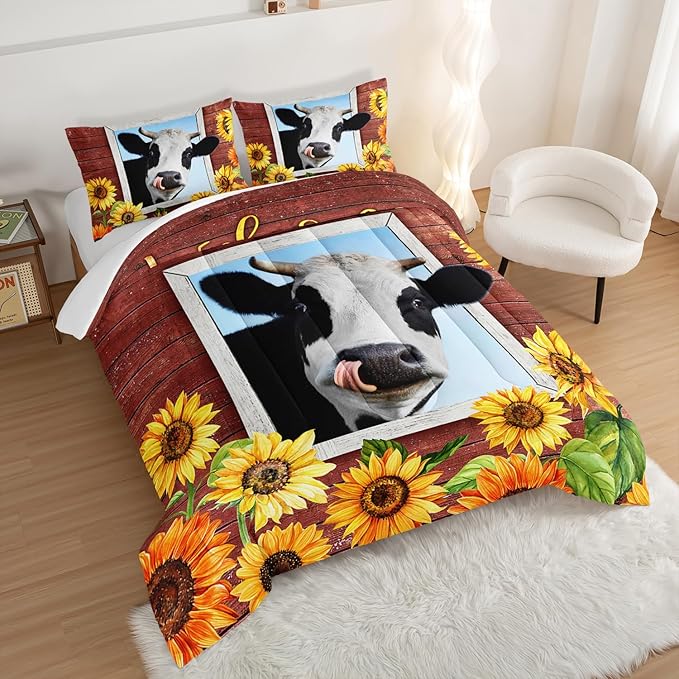 HOSIMA Farmhouse Animal Cow Comforter with 2 Pillowcases,Wooden Decor Terracotta Comforter for Adults Teens,Cow Print Bedding Room Decor,Sunflower King Size Comforter Set. - LeafyLoom