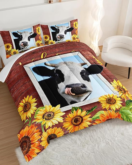 HOSIMA Farmhouse Animal Cow Comforter with 2 Pillowcases,Wooden Decor Terracotta Comforter Set Queen Size for Adults Teens,Cow Print Bedding Room Decor,Sunflower Comforter Set. - LeafyLoom