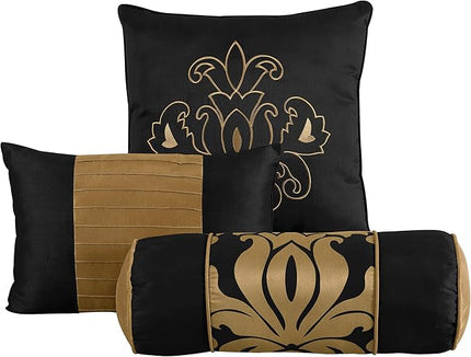 Chezmoi Collection Royale 7-Piece Jacquard Floral Comforter Set, Queen, Black/Gold - LeafyLoom