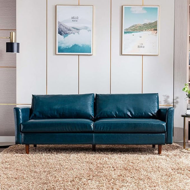 Dreamsir 80'' Faux Leather Sofa Couch, Mid-Century Modern Couch with Solid Wooden Frame & Padded Cushions, 3-Seater Couch for Living Room, Apartment, Lounge Room (Peacock Blue) - LeafyLoom