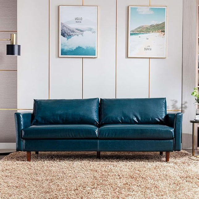 Dreamsir 80'' Faux Leather Sofa Couch, Mid-Century Modern Couch with Solid Wooden Frame & Padded Cushions, 3-Seater Couch for Living Room, Apartment, Lounge Room (Peacock Blue) - LeafyLoom