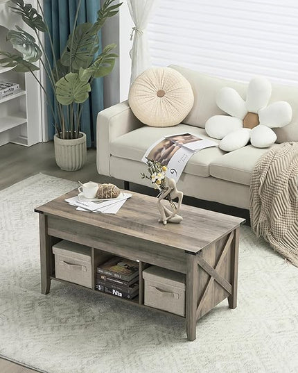 VINGLI Farmhouse Lift Top Coffee Table, Rustic Grey Coffee Table with Lift Top, Lift Up Pop Up Coffee Table with Storage Shelf/Hidden Compartment, Gas Lift Coffee Table Mesa De Centro Para Sala - LeafyLoom