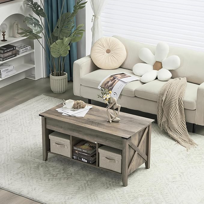 VINGLI Farmhouse Lift Top Coffee Table, Rustic Grey Coffee Table with Lift Top, Lift Up Pop Up Coffee Table with Storage Shelf/Hidden Compartment, Gas Lift Coffee Table Mesa De Centro Para Sala - LeafyLoom