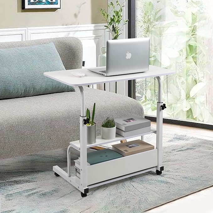 Height Adjustable Home Office Desk Movable Convenient Desk Small Spaces Computer Table Bedside Storage Desk Portable Desk Living Room Sofa Furniture Fashion Desk Size 15.7 * 31.5 Inch Pure White - LeafyLoom