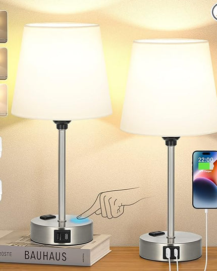 Table Lamps for Bedrooms Set of 2 Bedside - Nightstand with USB C Port and AC Outlet Charging, Dimmable Touch Small White End Side Lamp Light for Kid/Guest Room/Living Room - LeafyLoom