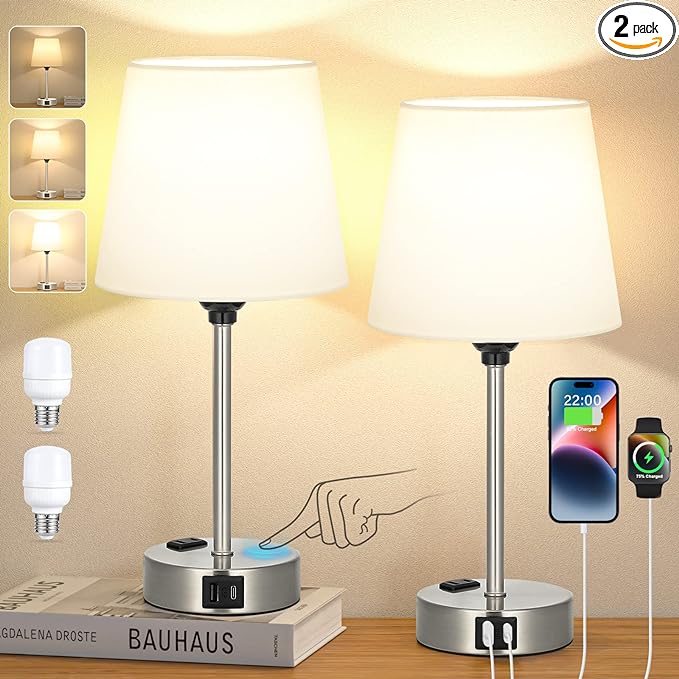 Table Lamps for Bedrooms Set of 2 Bedside - Nightstand with USB C Port and AC Outlet Charging, Dimmable Touch Small White End Side Lamp Light for Kid/Guest Room/Living Room - LeafyLoom
