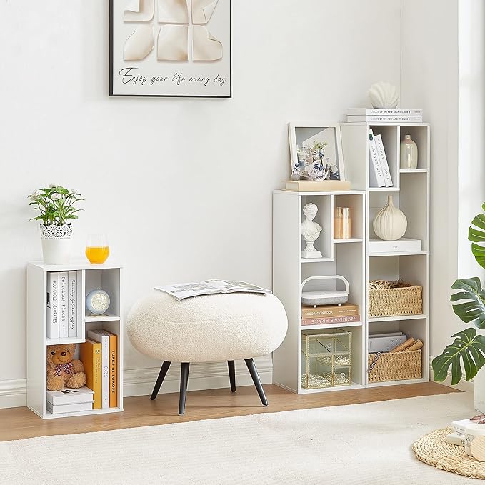 VECELO 3-Cube Open Bookcase, Small Bookshelf with Height Difference Shelves for Most Books, Horizontal Available, 2-Tier Storage Organizer for Home Office, Living Room, Pearl White - LeafyLoom