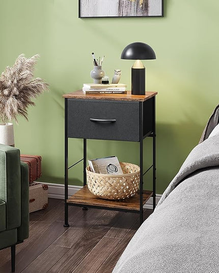 WLIVE Nightstand, End Table with Fabric Storage Drawer and Open Wood Shelf, Bedside Furniture with Steel Frame, Side Table for Bedroom, Dorm, Easy Assembly, Black and Rustic Brown, 24.9" Height - LeafyLoom
